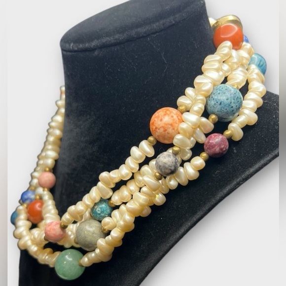 Vintage Double Strand Pearl & Gemstone Beaded Necklace Jade Jasper Amazonite etc - Picture 7 of 12